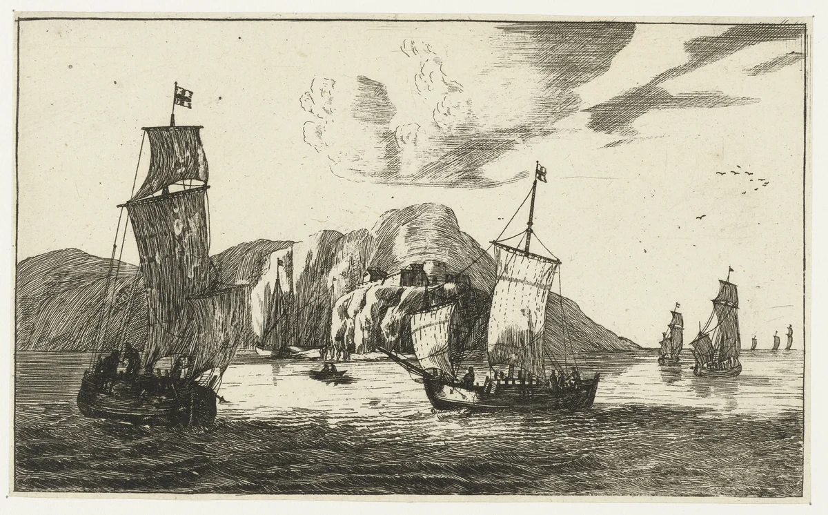 Vissersboten in een baai by anonymous, print, 1656-1714