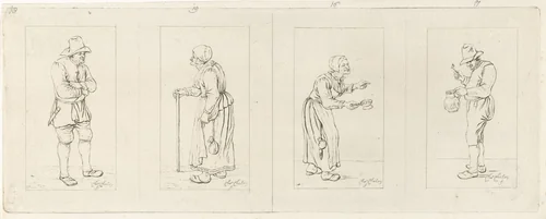 Vier voorstellingen van een staande figuur by Pieter de Mare, print, 1779