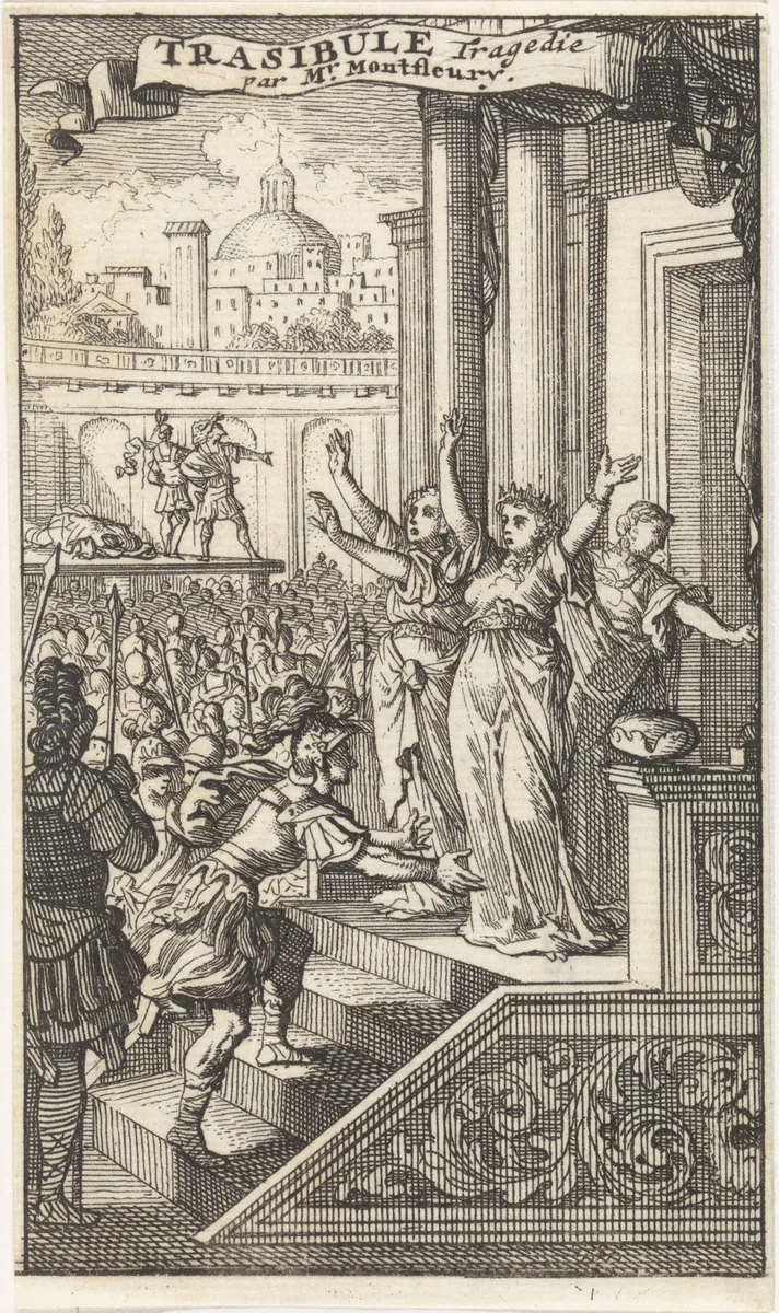 Tasibule beklimt een trap en wordt bovenaan ontvangen door zijn moeder Elpidie, Cleone en Aristide by Caspar Luyken, print, 1698