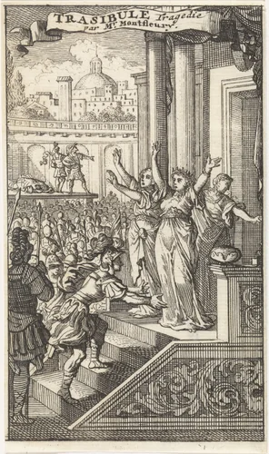 Tasibule beklimt een trap en wordt bovenaan ontvangen door zijn moeder Elpidie, Cleone en Aristide by Caspar Luyken, print, 1698