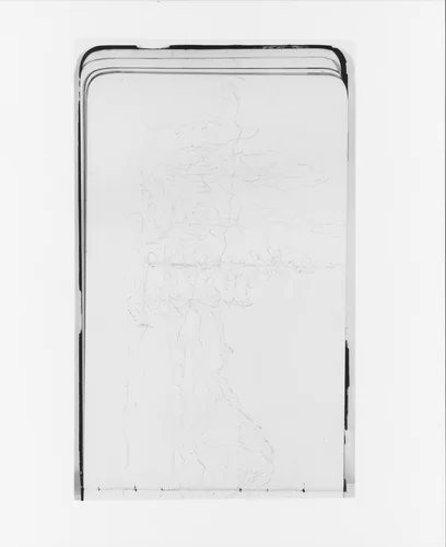 Riverbank with Mountains and Trees (from Sketchbook) by Albert Bierstadt, artwork, 1890