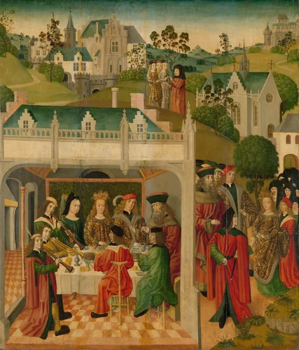 Wedding Feast of Saint Elizabeth of Hungary and Louis of Thuringia in the Wartburg, inner left wing of an altarpiece made for the Grote Kerk in Dordrecht by Master of the St Elizabeth Panels, painting, 1490-1495