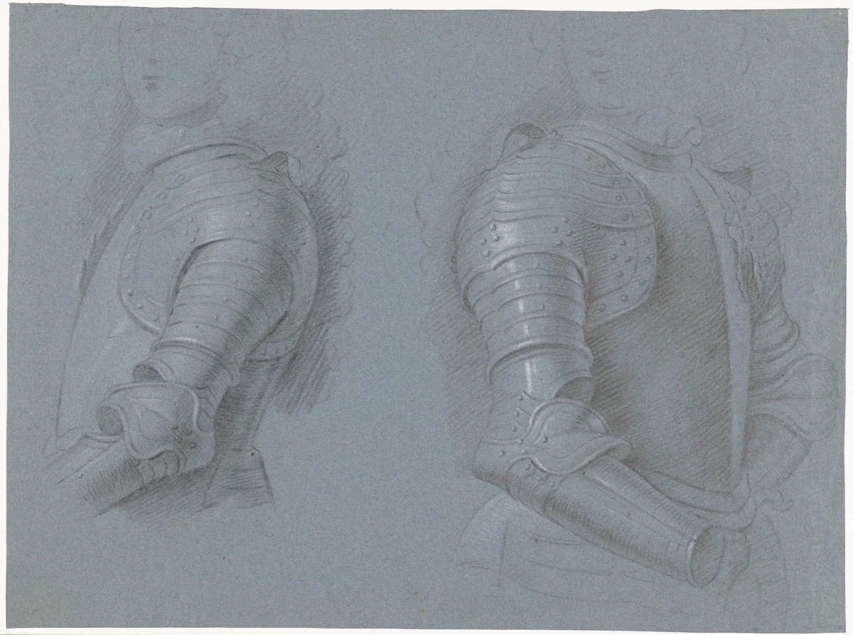 Studieblad met de linker- en rechterzijde van een kuras by Theodorus Netscher, drawing, 1671-1732
