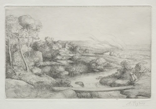 The Footbridge (La Passerelle) by Alphonse Legros, print, 1857-1911