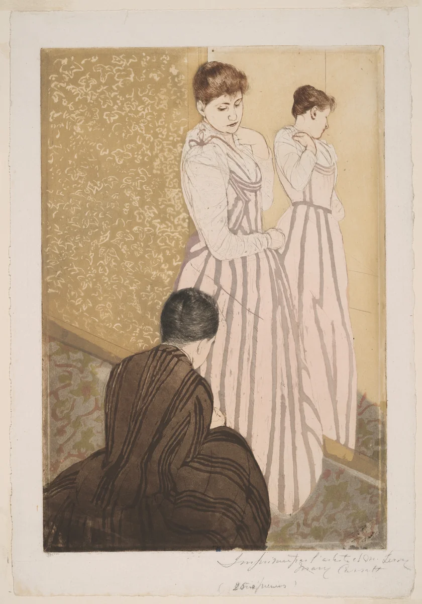 The Fitting by Mary Cassatt, print, 1890-1891