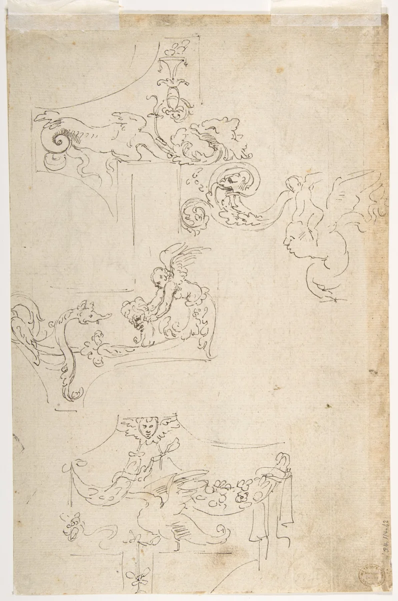 Sheet of Figure Studies, Probably after the Antique (recto); Ornamental Designs (verso) by Girolamo da Carpi, drawing, 1501-1556