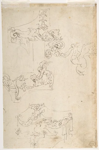 Sheet of Figure Studies, Probably after the Antique (recto); Ornamental Designs (verso) by Girolamo da Carpi, drawing, 1501-1556