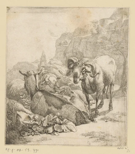 Staand ram, liggende geit en schapen by Johann Heinrich Roos, print, 1668-1670