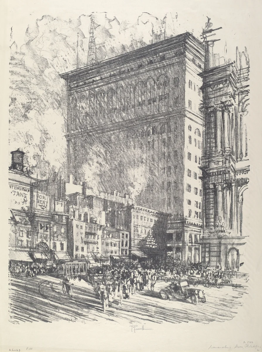 City Hall Square and Wanamaker Building by Joseph Pennell, print, 1912