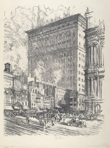 City Hall Square and Wanamaker Building by Joseph Pennell, print, 1912