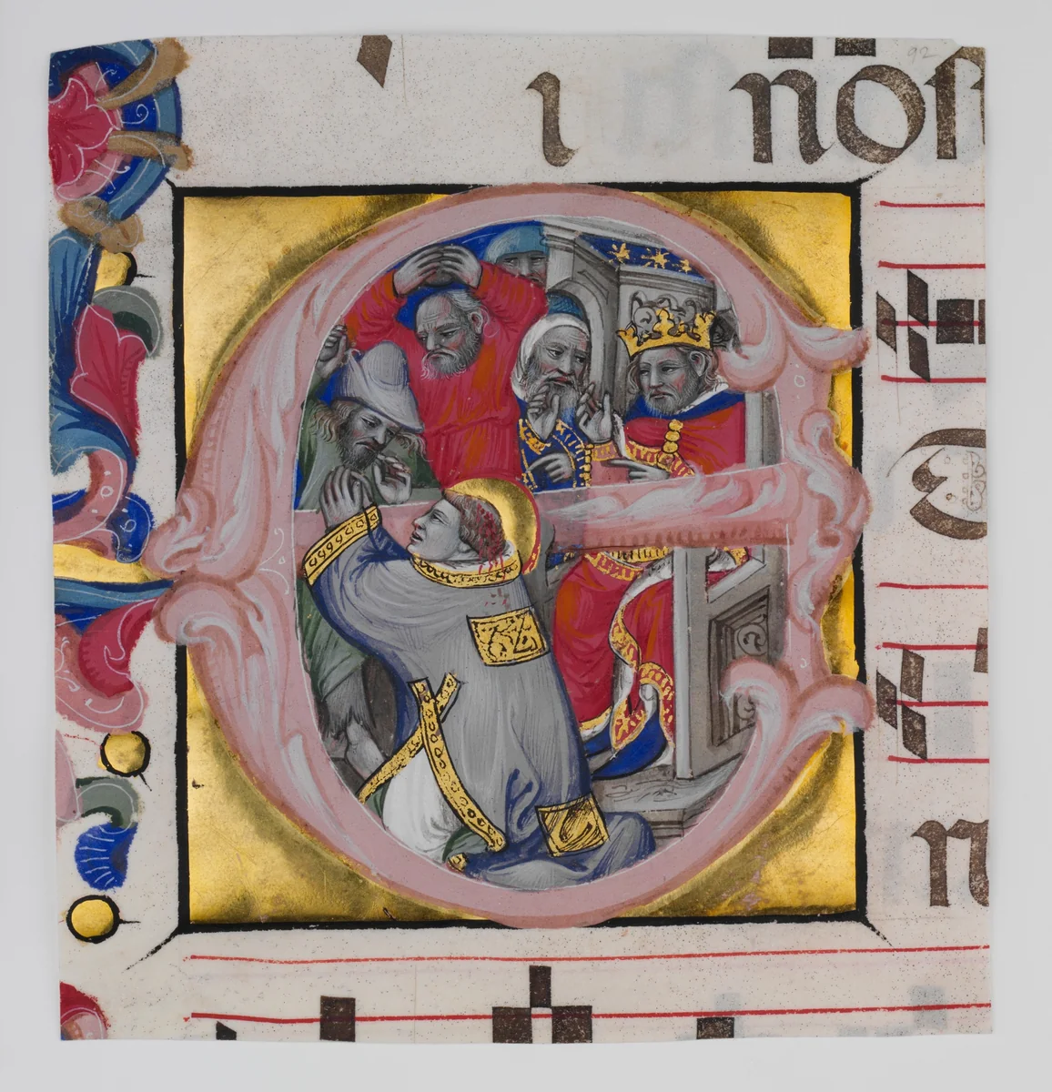 Manuscript Illumination with the Martyrdom of Saint Stephen in an Initial E, from a Gradual by Niccolò di Giacomo da Bologna, manuscript, 1394-1402