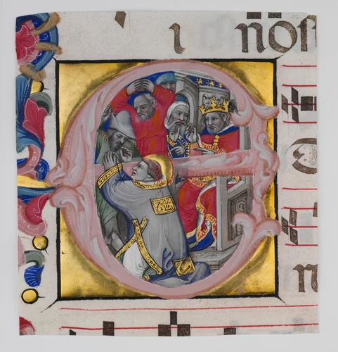 Manuscript Illumination with the Martyrdom of Saint Stephen in an Initial E, from a Gradual by Niccolò di Giacomo da Bologna, manuscript, 1394-1402