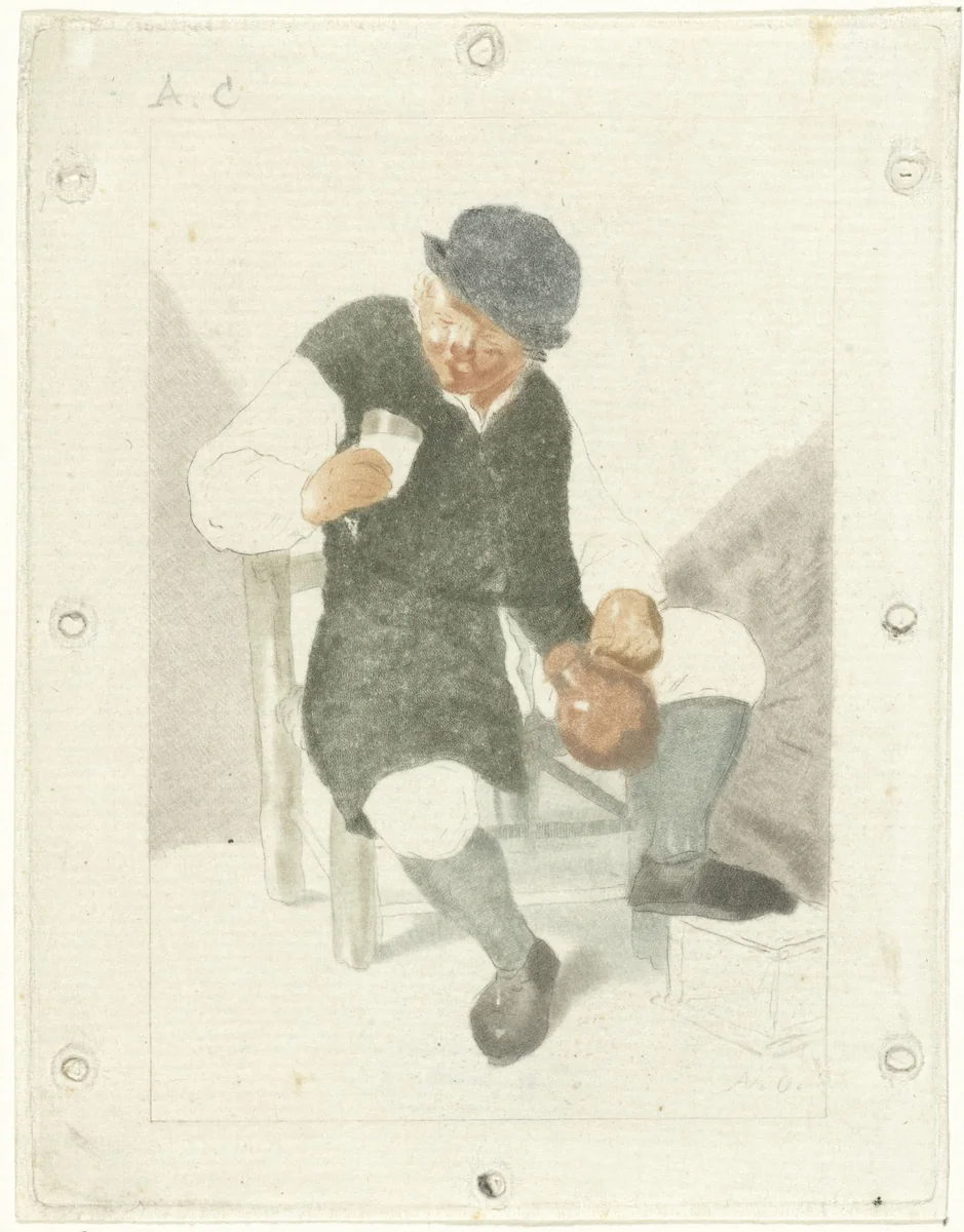Zittende boer met kruik by Cornelis Ploos van Amstel, print, 1763-1768