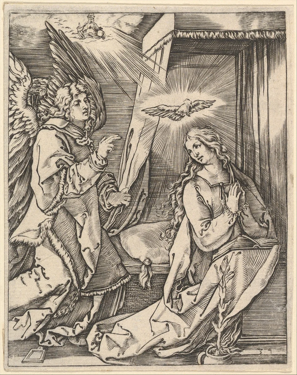 The Annunciation; on the left the archangel Gabriel approaches the praying Virgin Mary in her bedchamber, over her head a dove representing the Holy Ghost, in the sky above a figure of God the Father, from "The Passion of Christ", after Dürer by Marcantonio Raimondi, print, 1495-1539