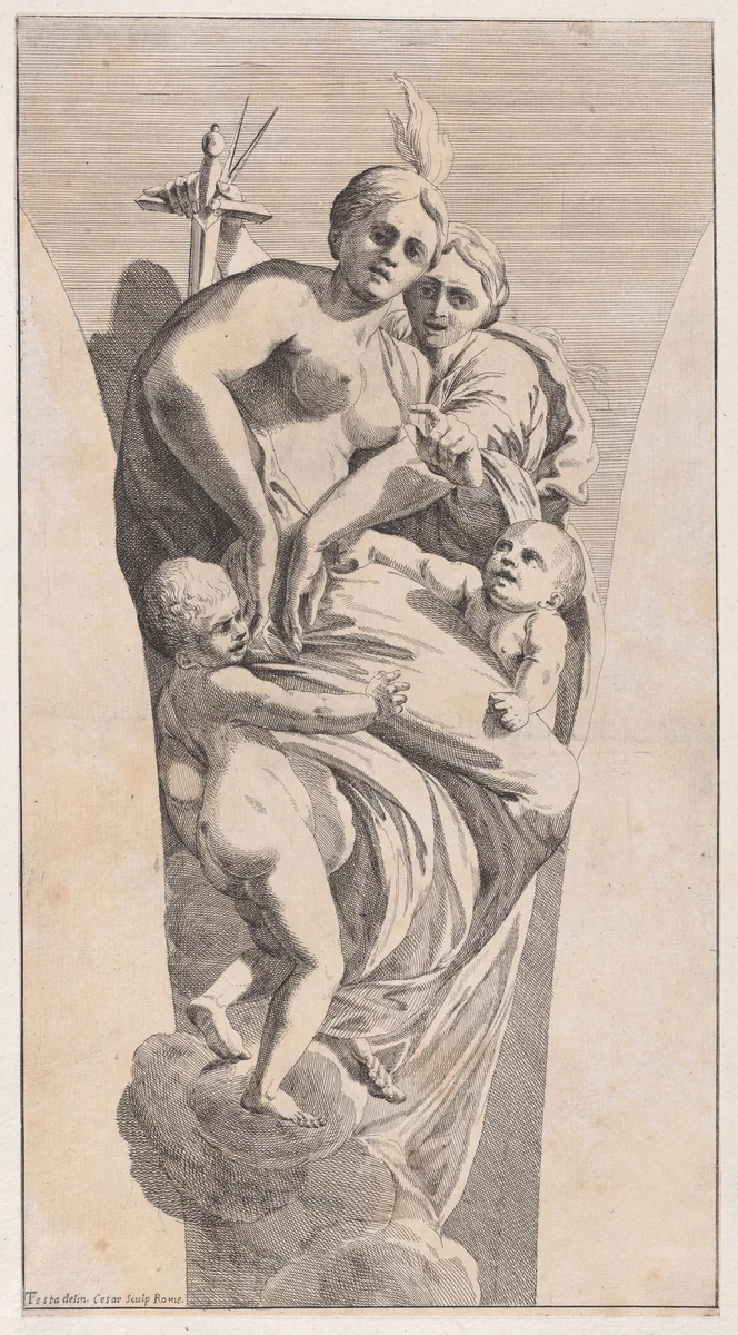 Study for a pendentive depicting Justice and Charity by Giovanni Cesare Testa, print, 1630-1650