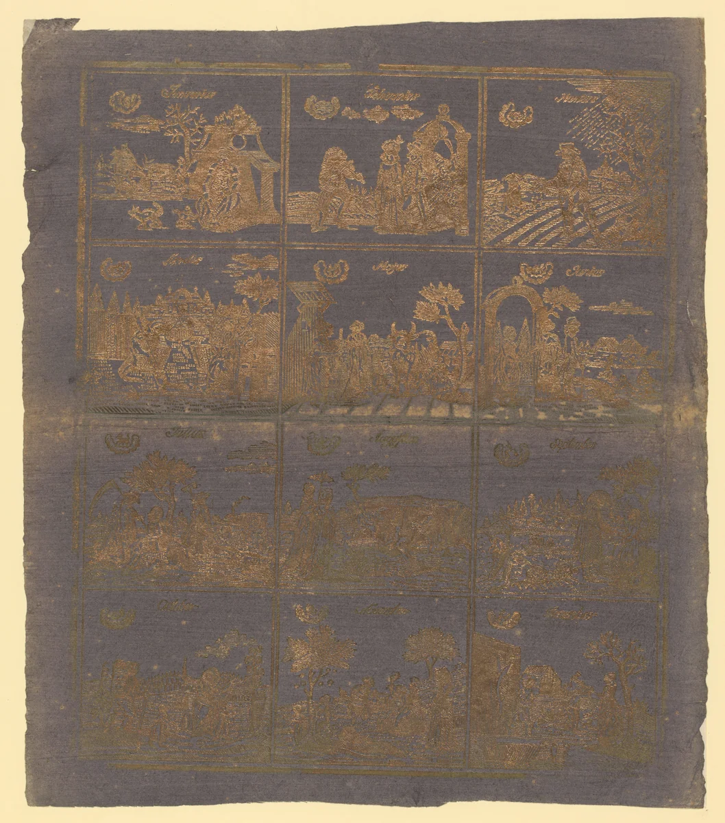Blad met de twaalf maanden in vier rijen van drie by anonymous, other, 1780-1820