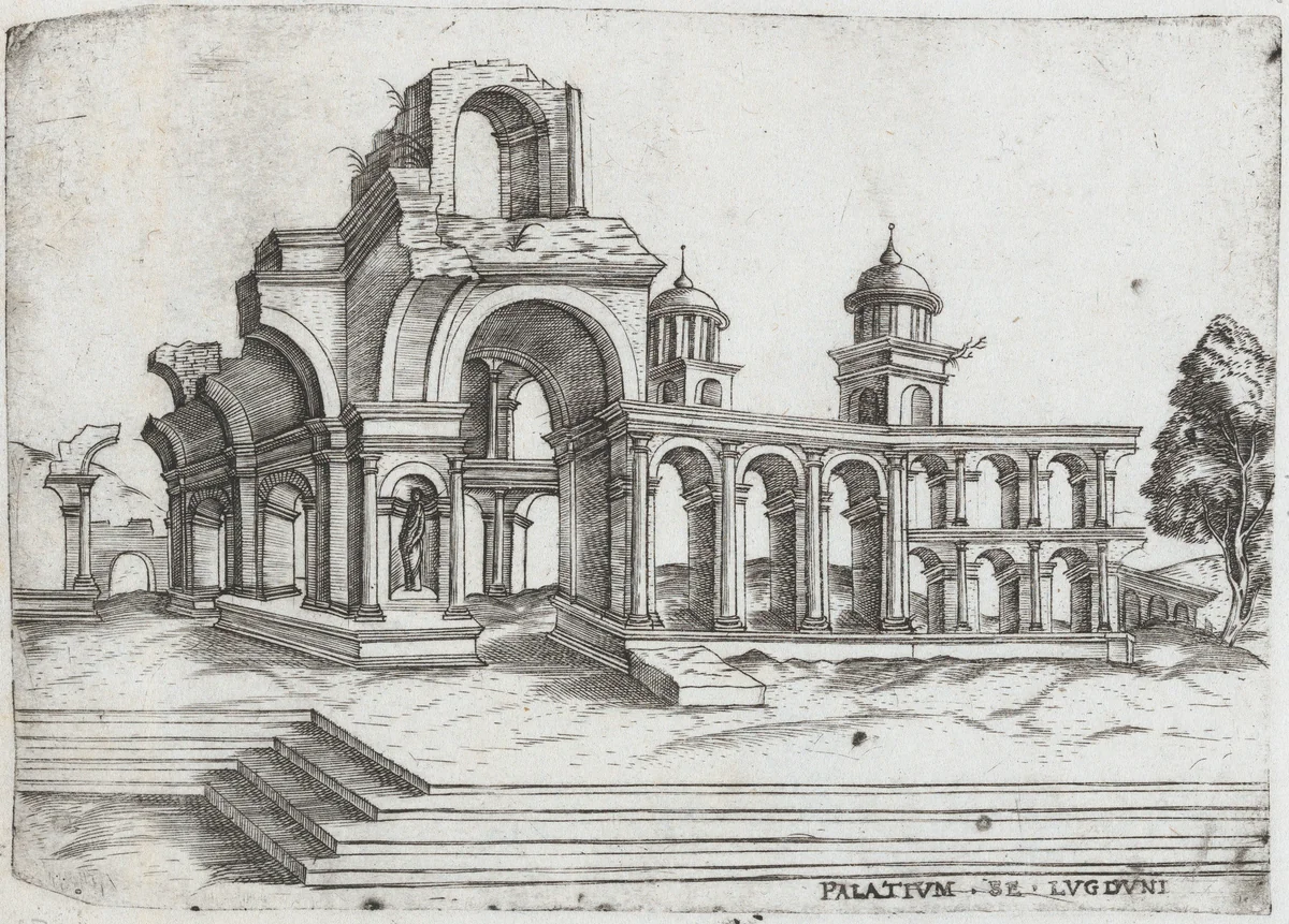 [Templum Saturni - State before name], from a Series of Prints depicting (reconstructed) Buildings from Roman Antiquity by Monogrammist G.A. with the Caltrop, book, 1530-1550