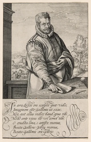 Philips Galle (1537-1612), Pupil of Coornhert from Haarlem, Engraver and Publisher in Antwerp from 1570; The Baptism of the Eunuch in Background Left by Hendrick Goltzius, print, 1582