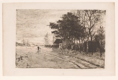 Gezicht op een landweg met huizen erlangs by Theodoor Verstraete, print, 1880