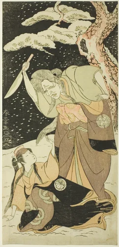 Nakamura Utaemon I as Karashi Baba and Yoshizawa Sakinosuke III as Shirotae by Katsukawa Shunshô (勝川春章), print, 1769