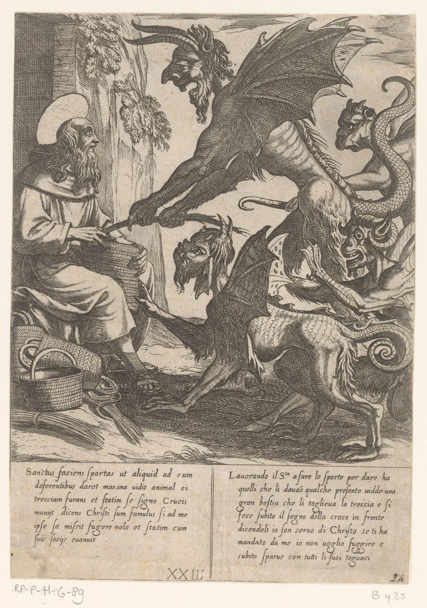 Manden vlechtend daagt H. Antonius de demonen uit by Antonio Tempesta, print, 1598