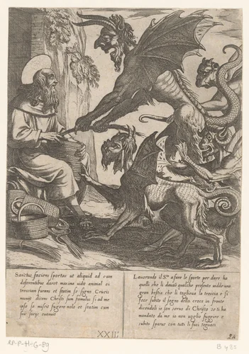 Manden vlechtend daagt H. Antonius de demonen uit by Antonio Tempesta, print, 1598