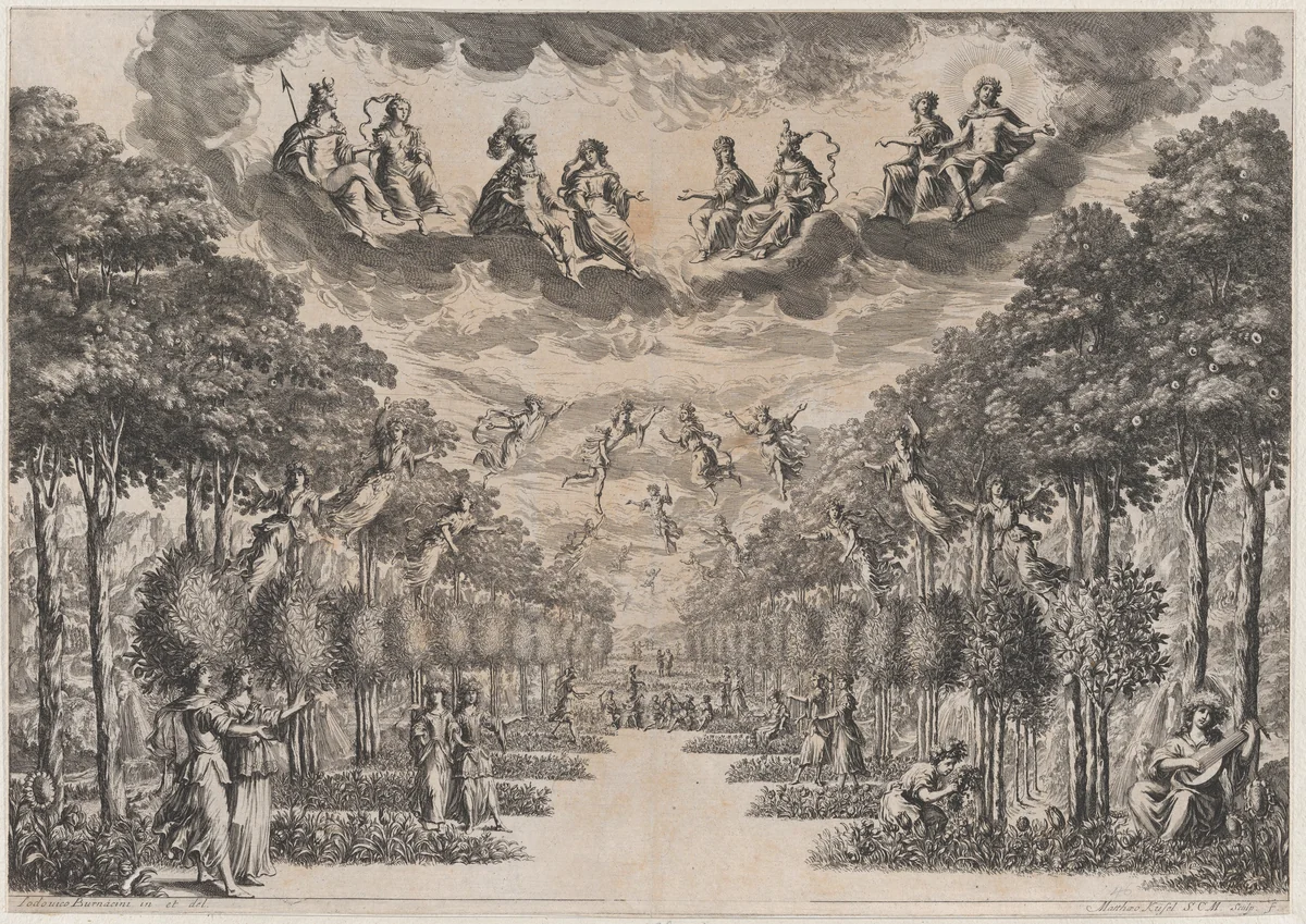 The Elysian Fields; set design from 'La Monarchia Latina Trionfante' by Mathäus Küsel, print, 1678