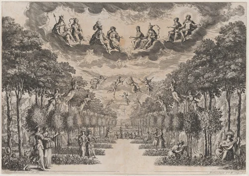 The Elysian Fields; set design from 'La Monarchia Latina Trionfante' by Mathäus Küsel, print, 1678