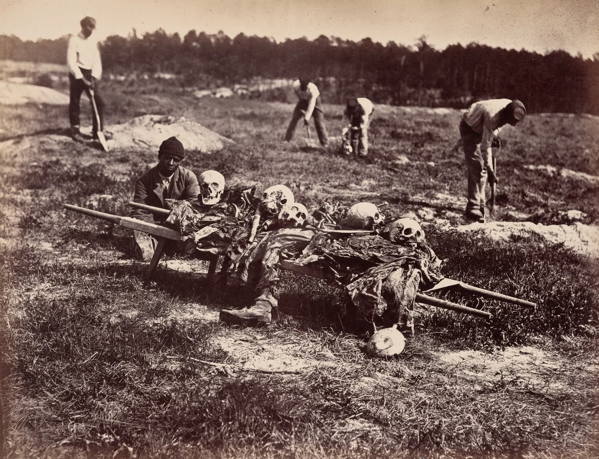 A Burial Party, Cold Harbor, Virginia, pl. 94 from the album "Gardner's Photographic Sketch Book of the War, Volume II" (1866) by John Reekie, photograph, 1865