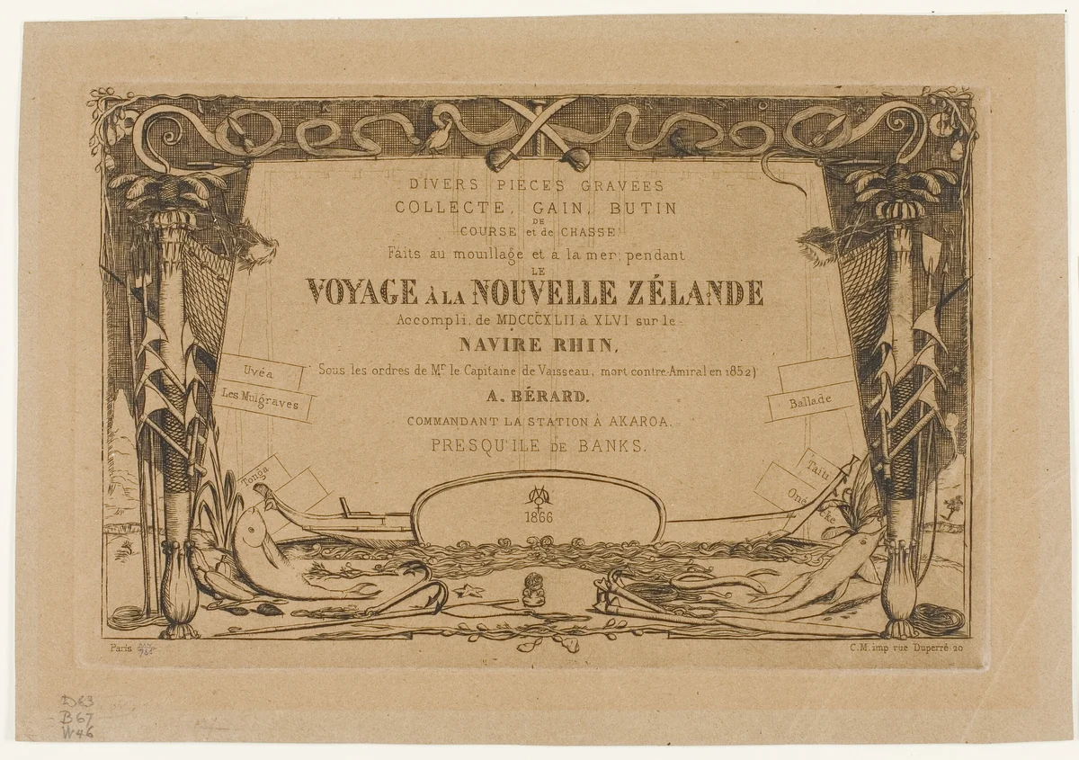 Cover for a Voyage to New Zealand (1842-46) by Charles Meryon, print, 1866