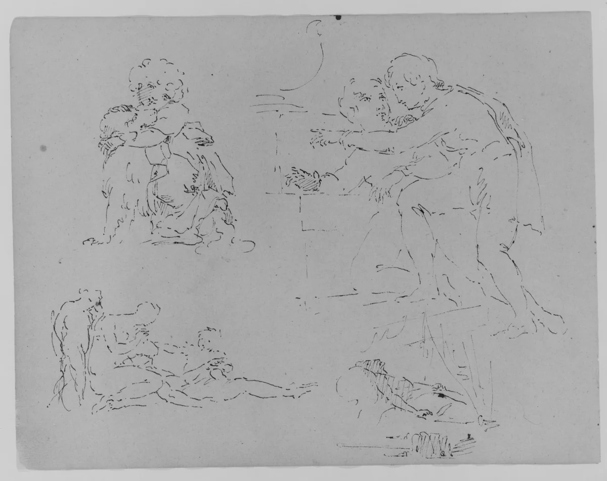 Child with Dog; Two Figures in Encounter; Two Figures and Child Attending to Dying Male [?]; Figure on Deathbed (from Sketchbook) by Thomas Sully, artwork, 1810-1820