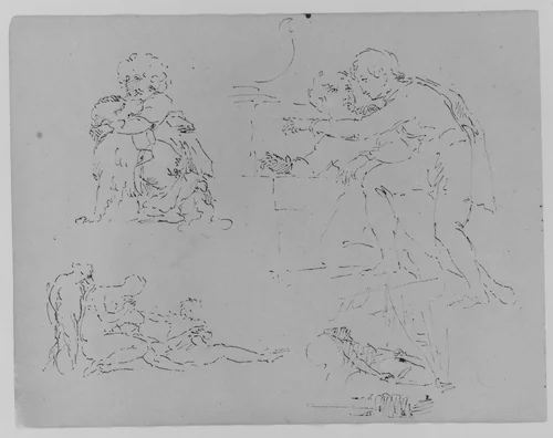 Child with Dog; Two Figures in Encounter; Two Figures and Child Attending to Dying Male [?]; Figure on Deathbed (from Sketchbook) by Thomas Sully, artwork, 1810-1820