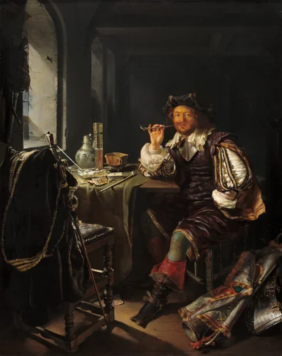 A Soldier Smoking a Pipe by Frans van Mieris, painting, 1657-1658