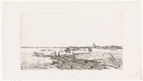 Overstroomd landschap tussen Oss en Lith by Cornelis Springer, print, 1855