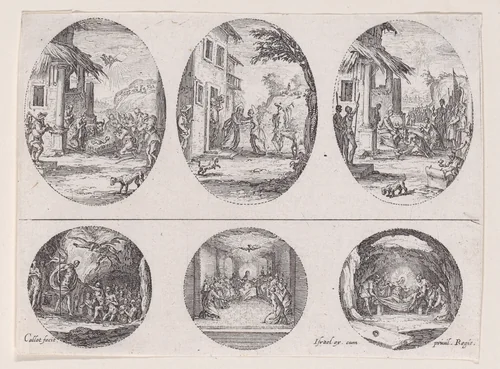 Plate Containing Three Oval Medallions, from "Variae tum Passionis Christi tum vitae beatae Mariae Virginis; Les Mystères de la Passion suite appelée aussi Mystères de la Vie de Jésus et Mystères de la Vie de Jésus et de la Vie de la Ste. Vierge" (The Mysteries of the Passion, also called the Mysteries of the Life of Jesus, and the Mysteries of the Life of Jesus and of the Virgin) by Jacques Callot, print, 1626-1636