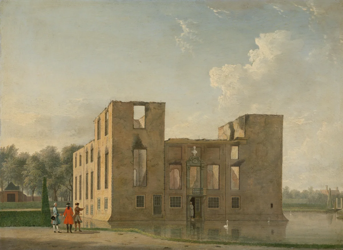 Rear View of Berckenrode Castle in Heemstede after the Fire by Jan ten Compe, painting, 1747