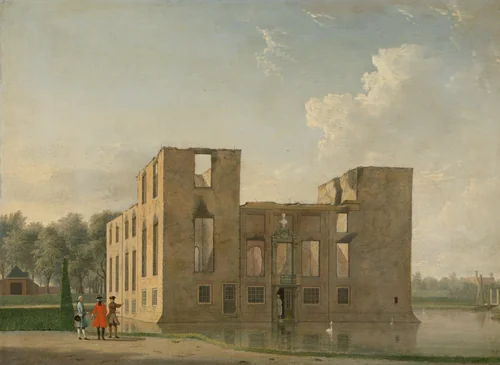 Rear View of Berckenrode Castle in Heemstede after the Fire by Jan ten Compe, painting, 1747