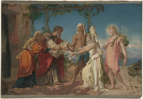 Tobias Brings His Bride Sarah to the House of His Father, Tobit by Henri Lehmann, drawing, 1830-1882