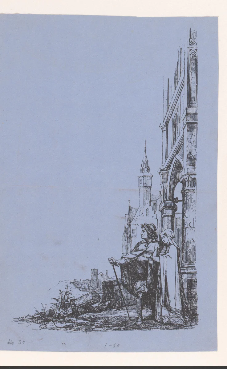 Man en een vrouw bij de ruïne van een abdij by anonymous, print, 1824-1869