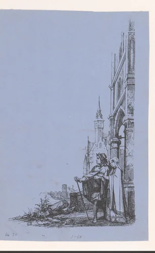 Man en een vrouw bij de ruïne van een abdij by anonymous, print, 1824-1869