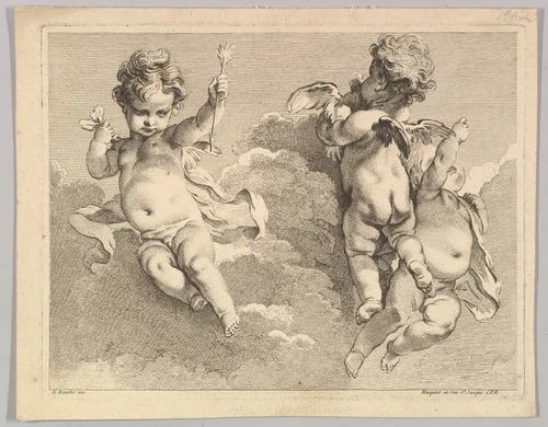 Trois Amours dont un tient une flèche (Three Loves, one of which holds an arrow), from Premiere Livre de Groupes d'Enfans (First Book of Groups of Children) by Pierre Alexandre Aveline, print, 1702-1760