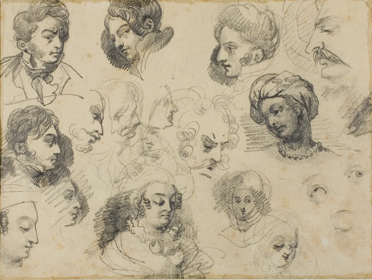 Sketches of Heads by Jean Louis André Théodore Géricault, drawing, 1813-1814