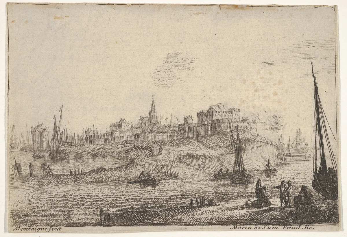 View of a peninsula with figures and ships with bare masts, in the right foreground five figures congregate around two barrels, town buildings beyond by Matthijs van Plattenberg, print, 1625-1660