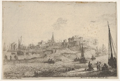 View of a peninsula with figures and ships with bare masts, in the right foreground five figures congregate around two barrels, town buildings beyond by Matthijs van Plattenberg, print, 1625-1660