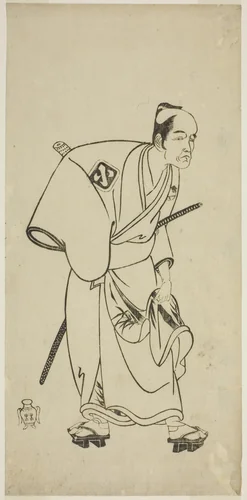 The Actor Arashi Otohachi I as Hotei Ichiemon in the Play Ayatsuri Kabuki Ogi, Performed at the Nakamura Theater in the Seventh Month, 1768 by Katsukawa Shunsho (勝川 春章), print, 1763-1773