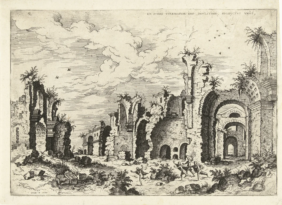 Gezicht op de Thermen van Diocletianus by Unknown, print, 1550