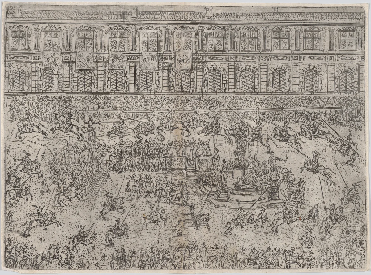 The running of the Quintana and the breaking of the spears (Zu der Quintana rennen und Spiess brechen), from a series depicting the wedding of Wolfgang Wilhelm, Duke of Pfalz-Neuberg, Pfalzgraf, and Magdalena, Duchess of Bavaria, in Munich, 1613 (Plate 10) by Wilhelm Peter Zimmermann, print, 1614