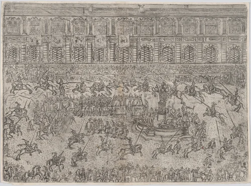 The running of the Quintana and the breaking of the spears (Zu der Quintana rennen und Spiess brechen), from a series depicting the wedding of Wolfgang Wilhelm, Duke of Pfalz-Neuberg, Pfalzgraf, and Magdalena, Duchess of Bavaria, in Munich, 1613 (Plate 10) by Wilhelm Peter Zimmermann, print, 1614