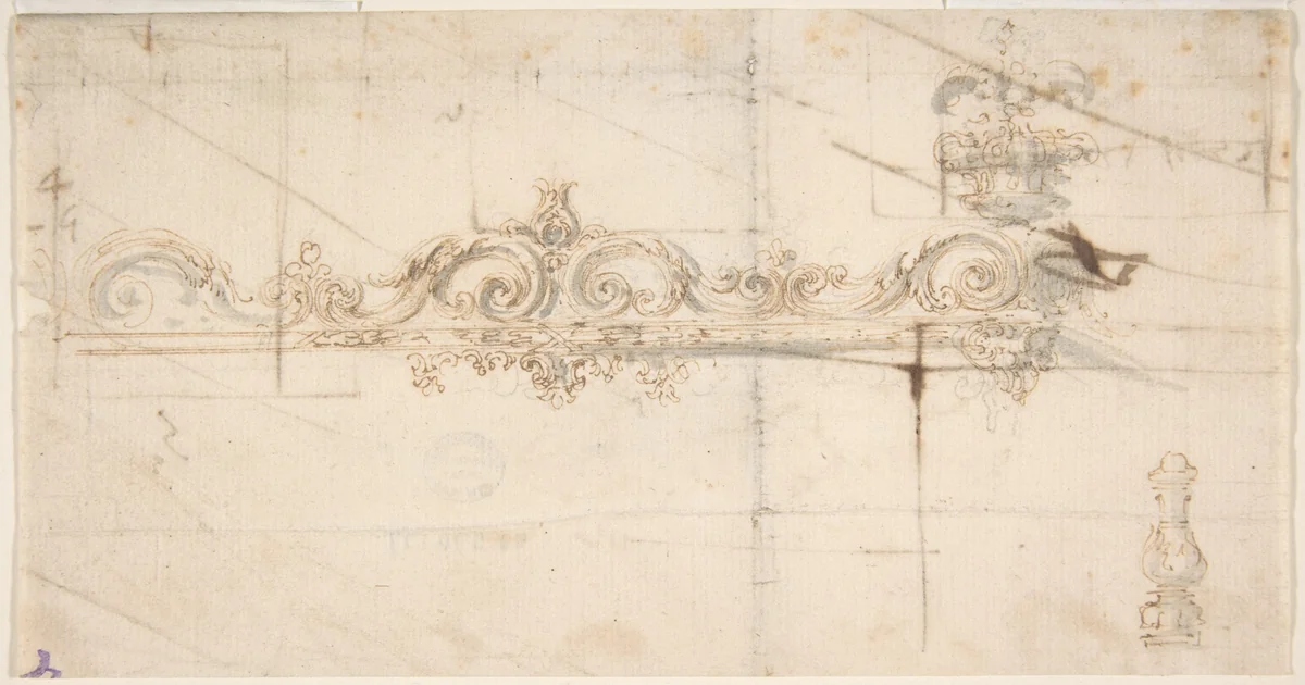 Design for the Crowning Decorations of a Gate (recto); Sketches of Stone Blocks with Measurements (verso) by Giovanni Battista Foggini, drawing, 1652-1725