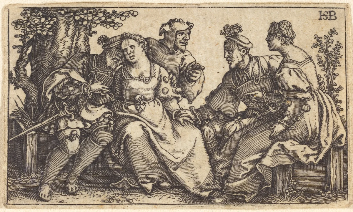 Two Couples and a Fool by Sebald Beham, print, 1535